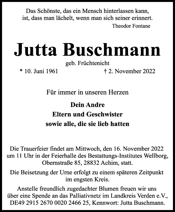 Traueranzeige von Jutta Buschmann von WESER-KURIER
