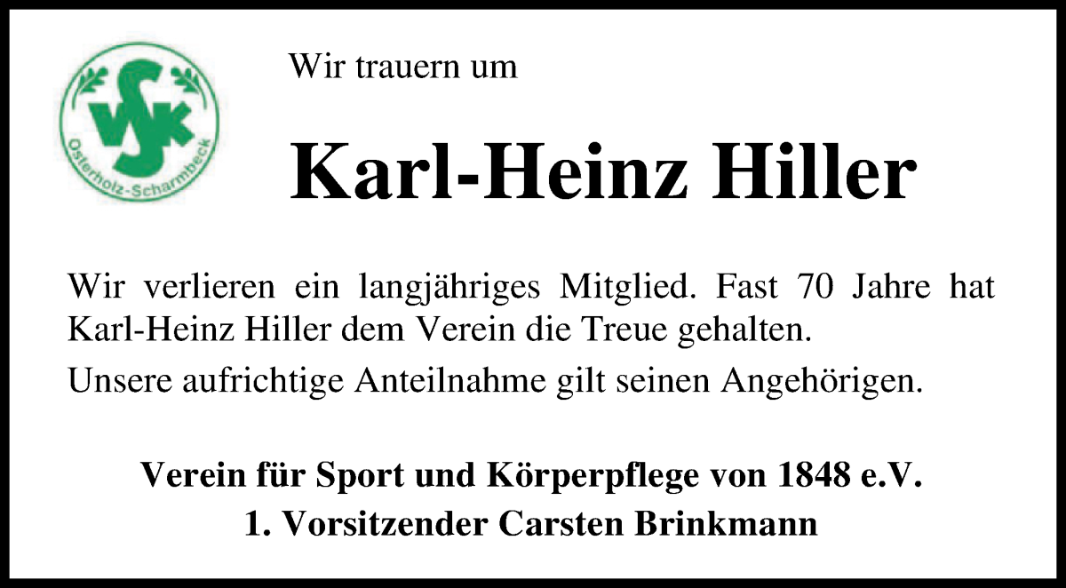 Traueranzeige von Karl-Heinz Hiller von Osterholzer Kreisblatt