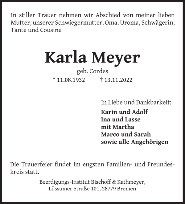 Traueranzeige von Karla Meyer von Die Norddeutsche