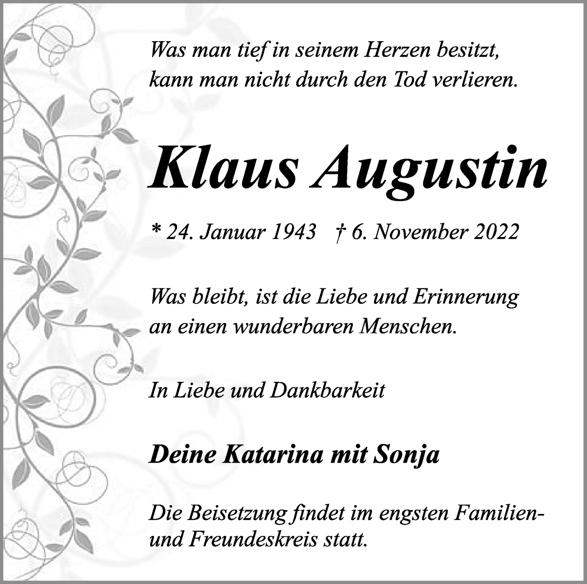 Traueranzeige von Klaus Augustin von WESER-KURIER