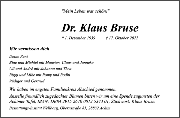 Traueranzeige von Klaus Bruse von Achimer Kurier/Verdener Nachrichten