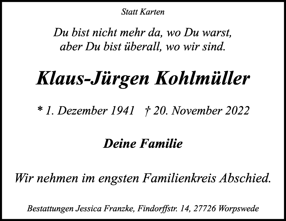 Traueranzeige von Klaus-Jürgen Kohlmüller von Wuemme Zeitung