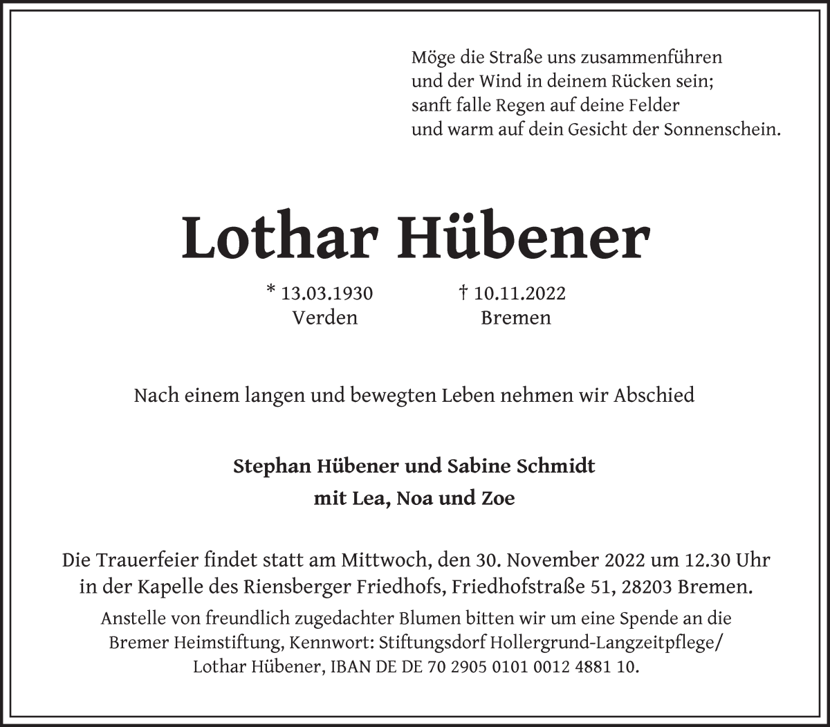  Traueranzeige für Lothar Hübener vom 19.11.2022 aus WESER-KURIER