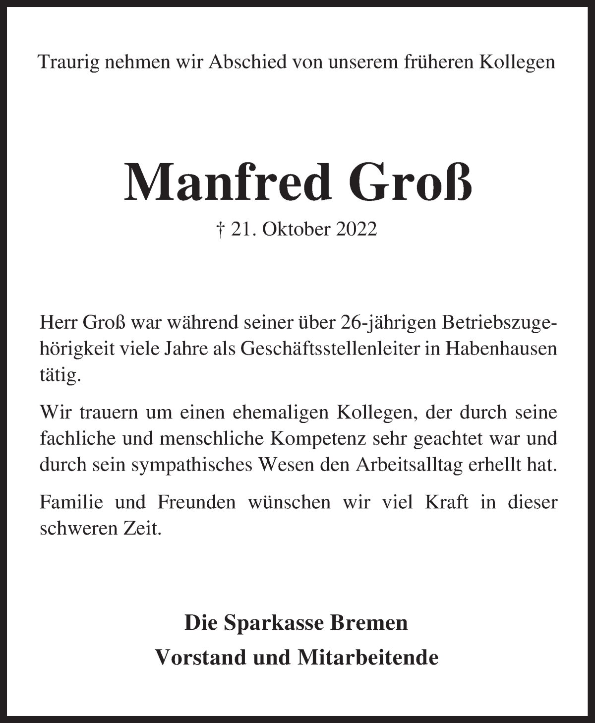  Traueranzeige für Manfred Groß vom 05.11.2022 aus WESER-KURIER