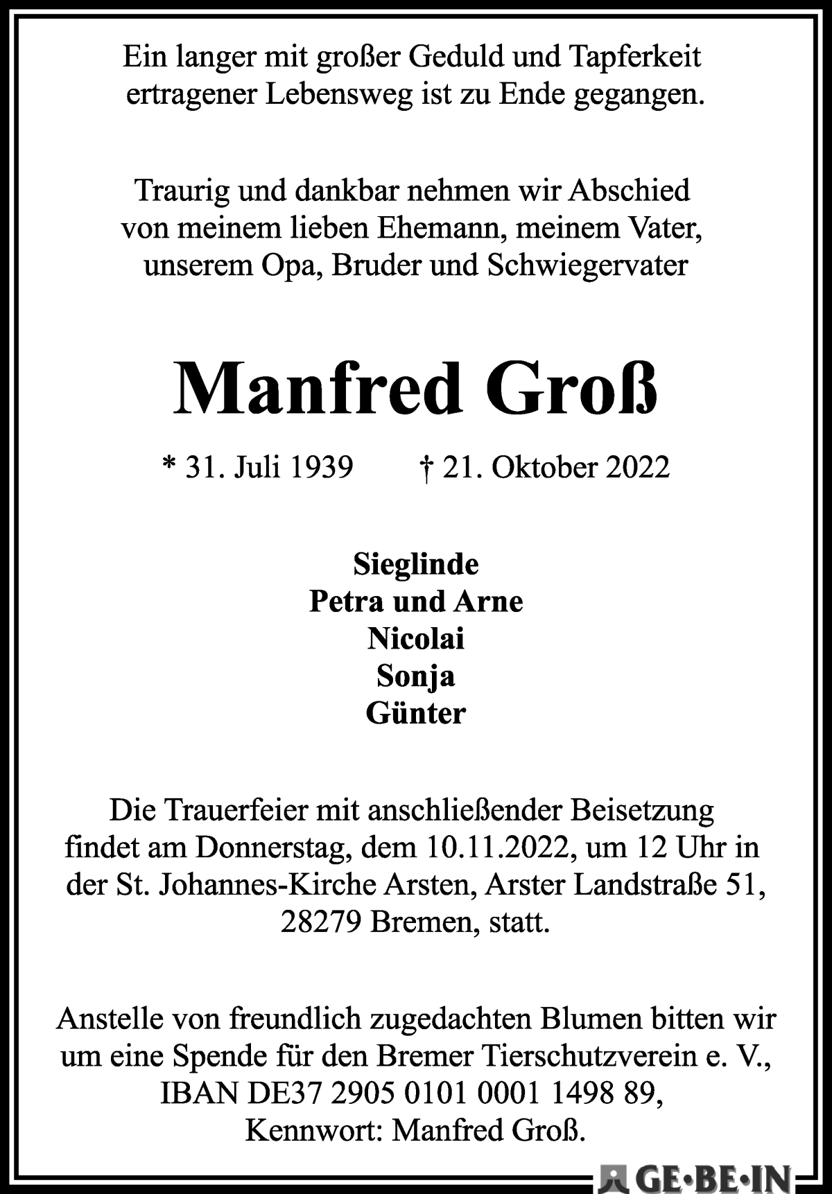  Traueranzeige für Manfred Groß vom 05.11.2022 aus WESER-KURIER