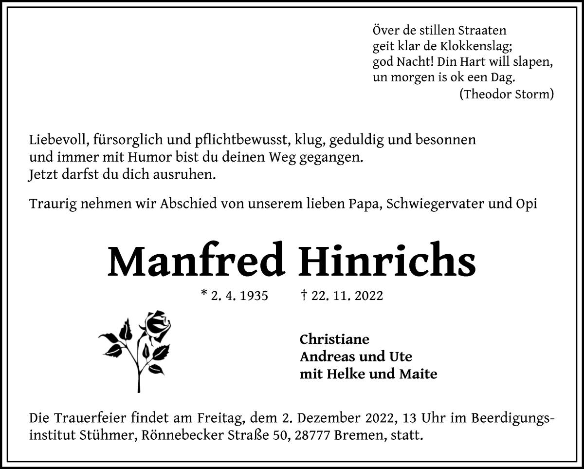 Traueranzeige von Manfred Hinrichs von Die Norddeutsche