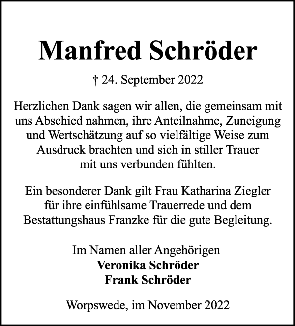 Traueranzeige von Manfred Schröder von Wuemme Zeitung
