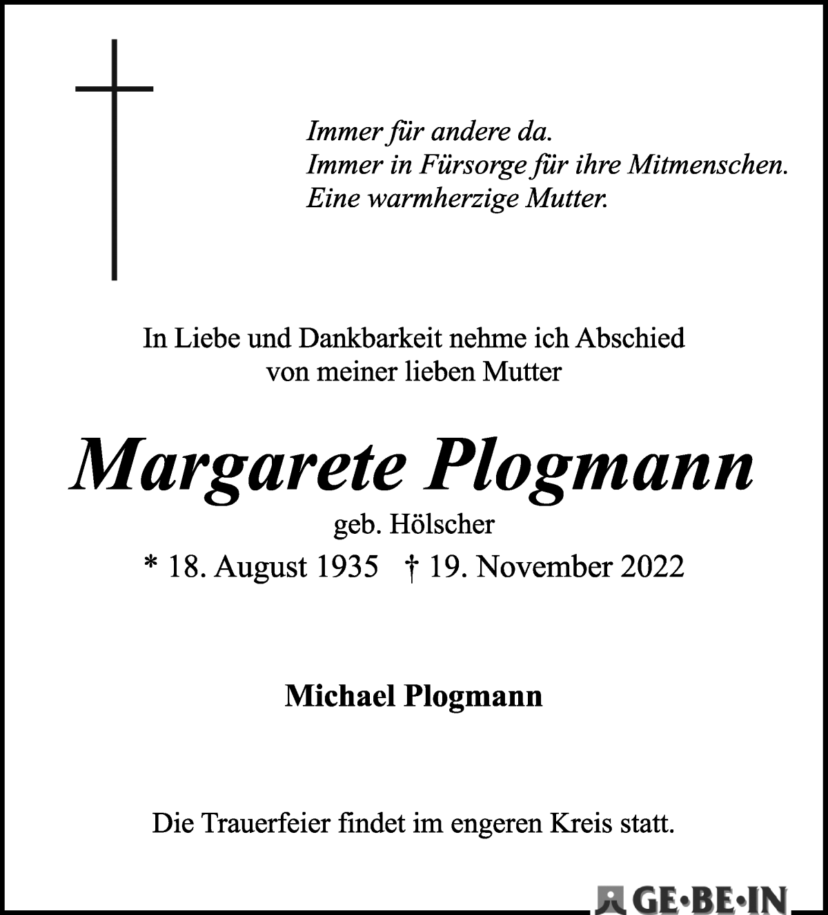  Traueranzeige für Margarete Plogmann vom 26.11.2022 aus WESER-KURIER