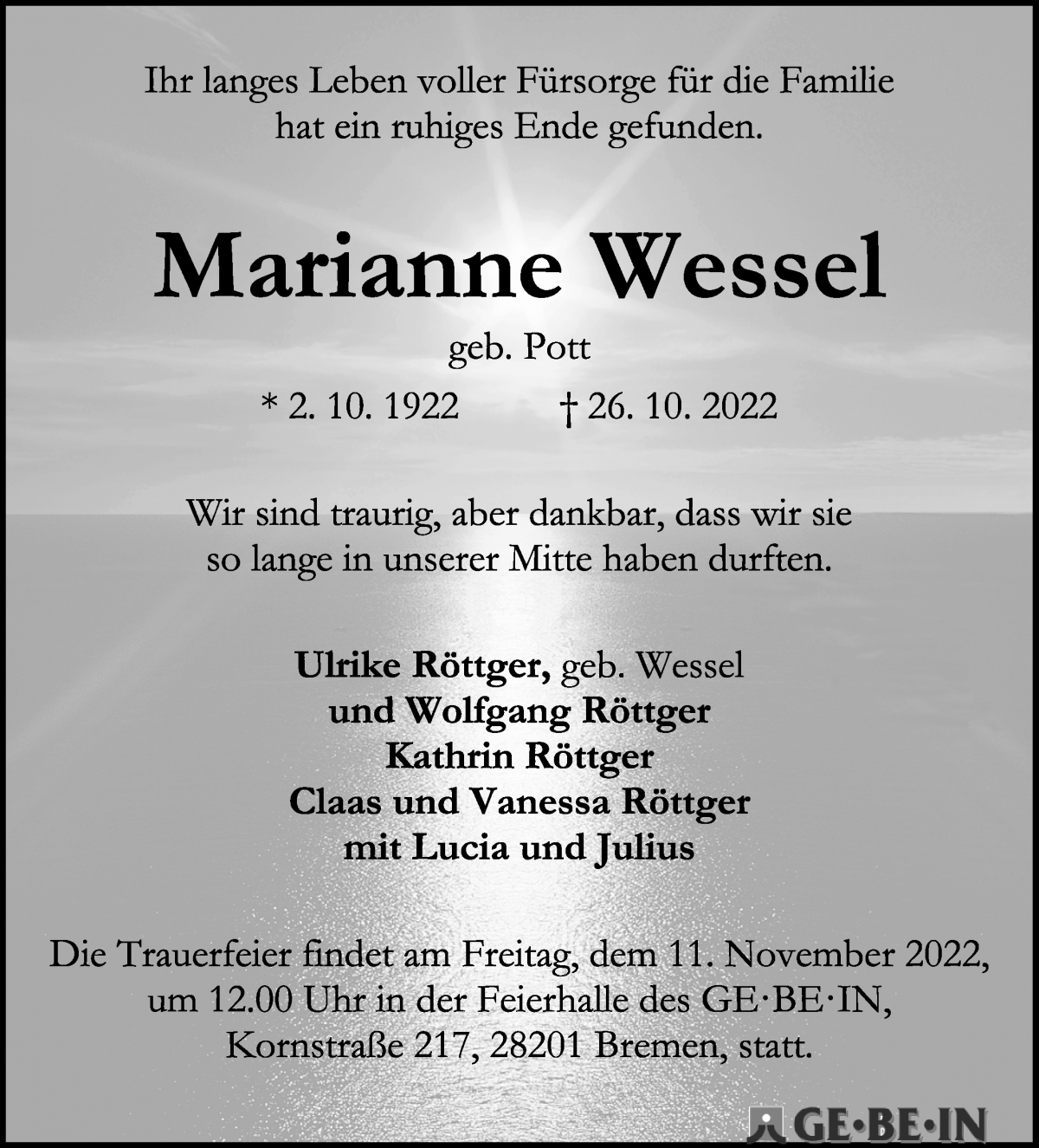  Traueranzeige für Marianne Wessel vom 05.11.2022 aus WESER-KURIER
