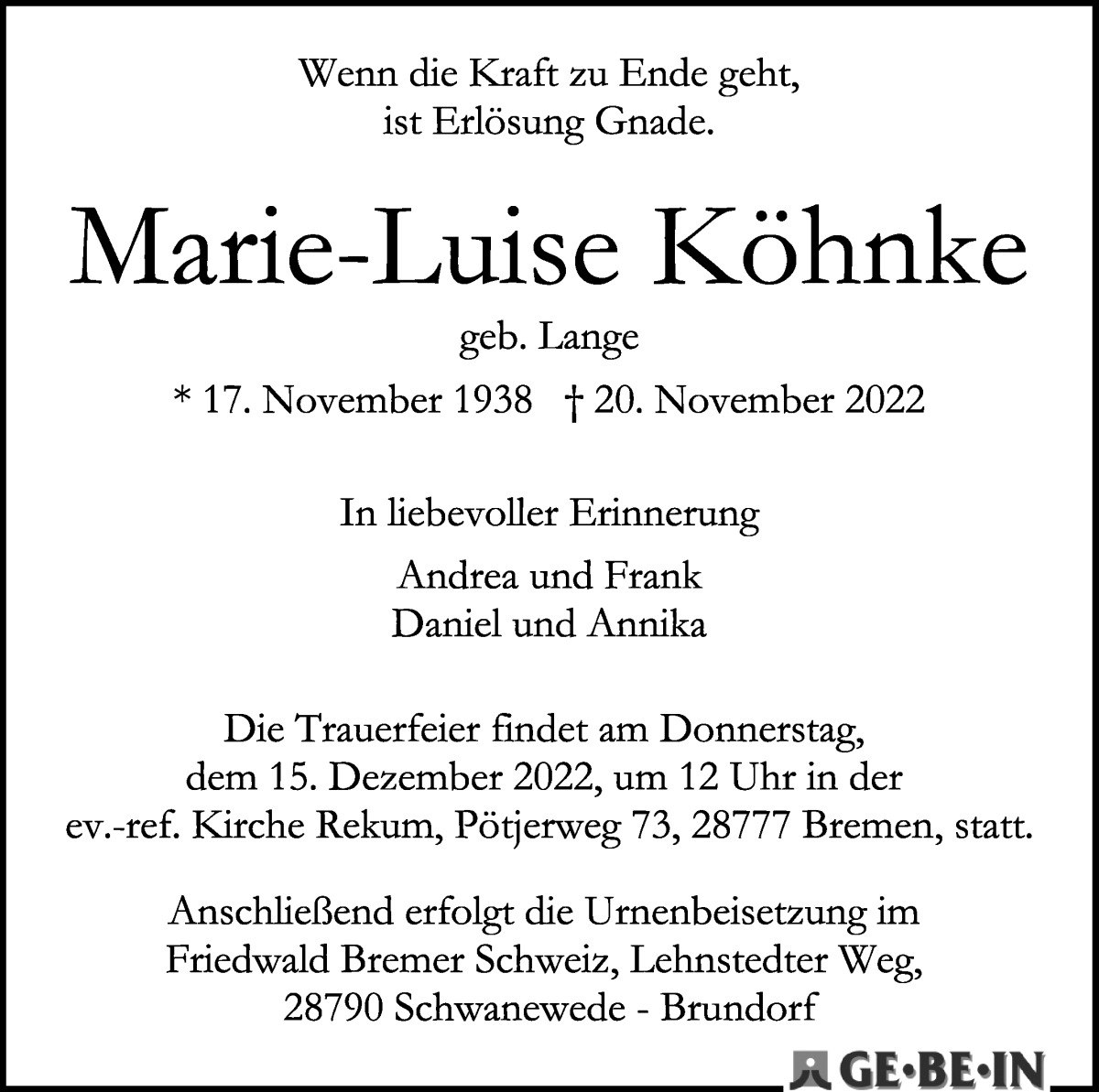 Traueranzeige von Marie-Luise Köhnke von Die Norddeutsche
