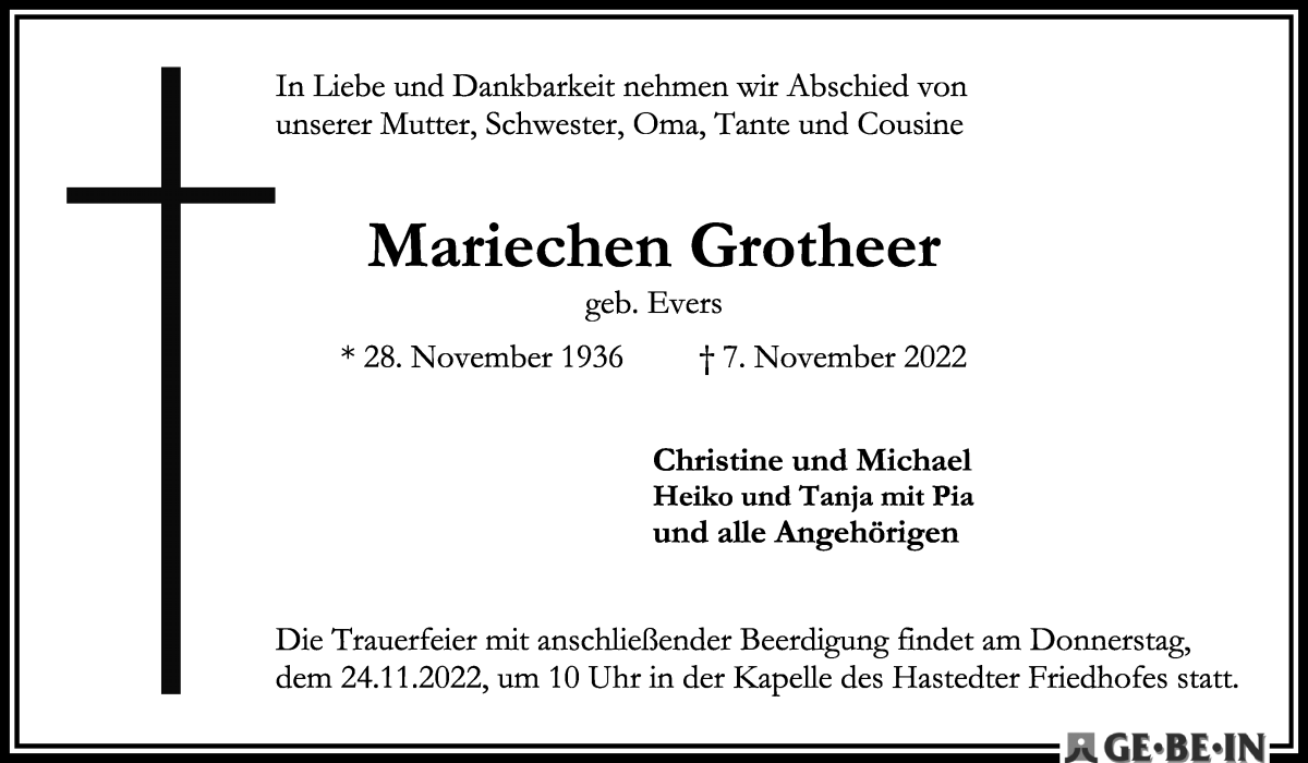  Traueranzeige für Mariechen Grotheer vom 19.11.2022 aus WESER-KURIER