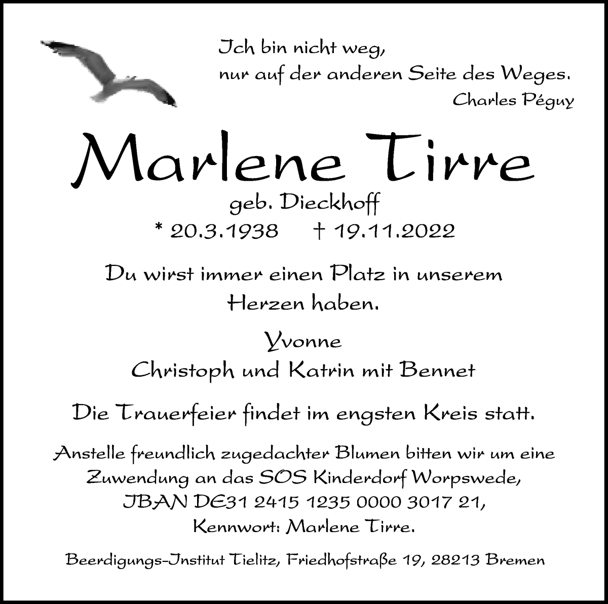  Traueranzeige für Marlene Tirre vom 26.11.2022 aus WESER-KURIER
