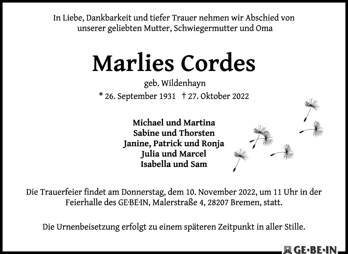 Traueranzeige von Marlies Cordes von WESER-KURIER