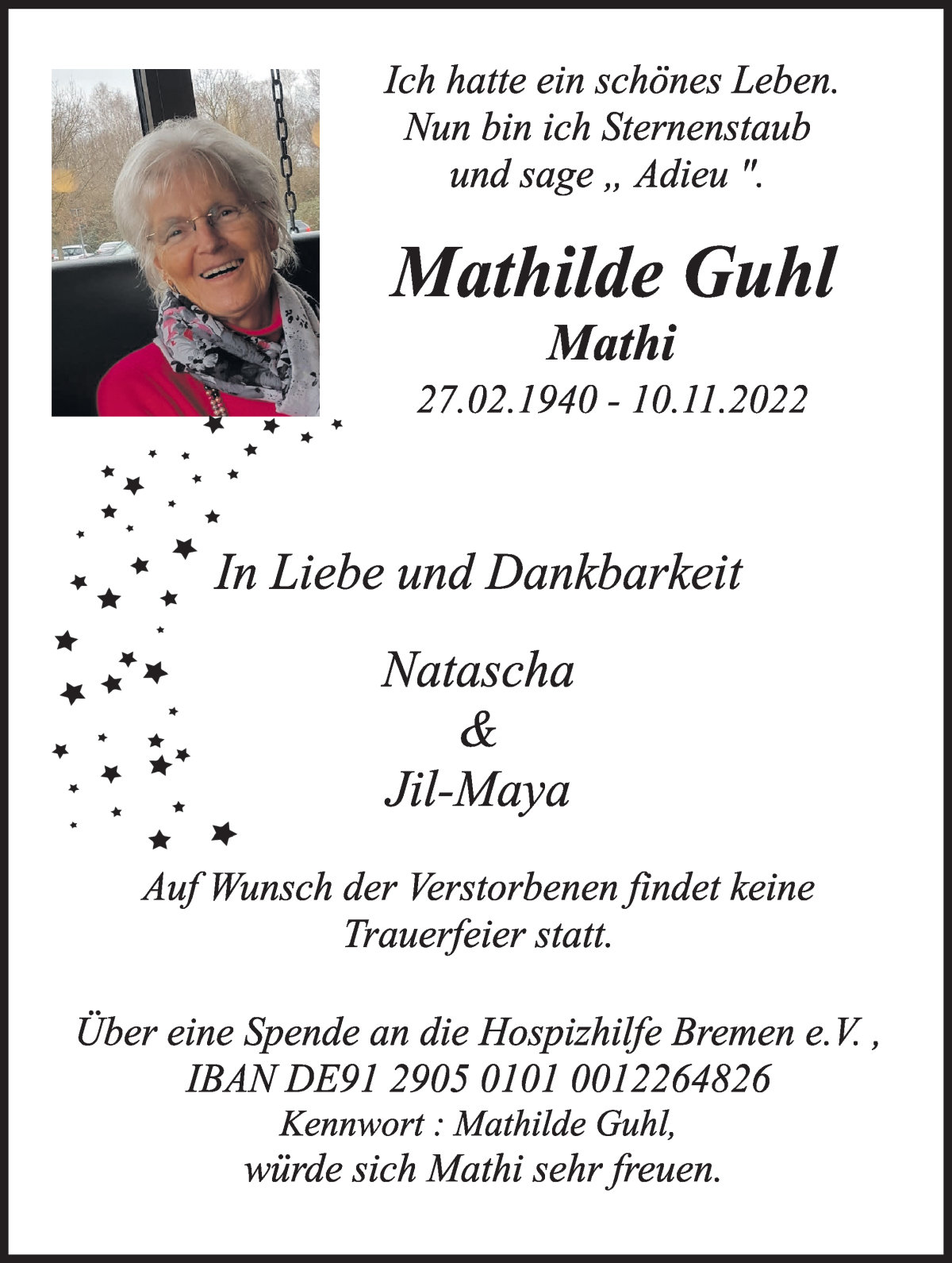  Traueranzeige für Mathilde Guhl vom 19.11.2022 aus WESER-KURIER
