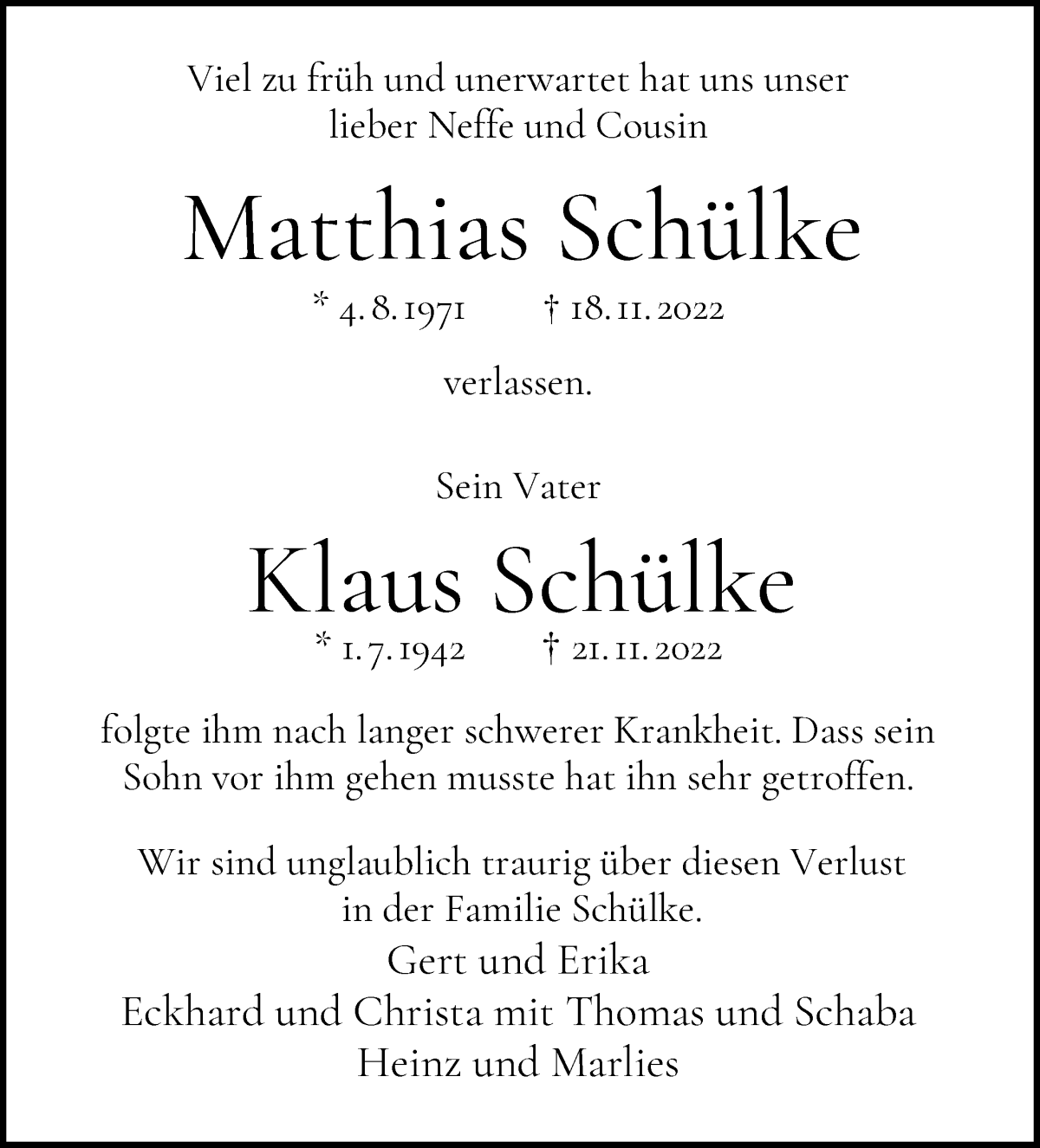  Traueranzeige für Matthias und Klaus Schülke vom 26.11.2022 aus WESER-KURIER