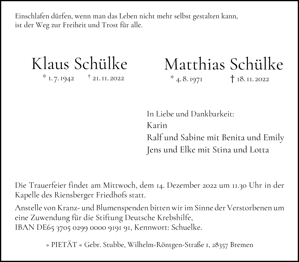  Traueranzeige für Matthias und Klaus Schülke vom 26.11.2022 aus WESER-KURIER