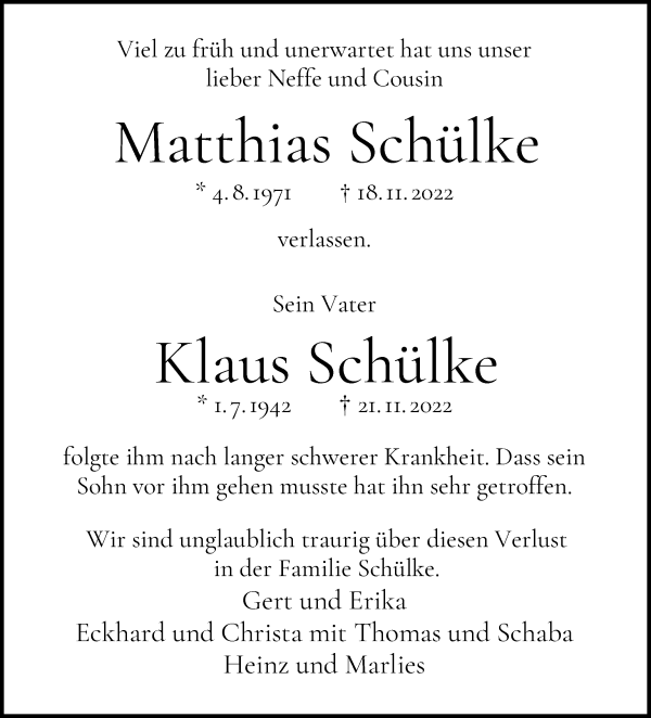 Traueranzeige von Matthias und Klaus Schülke