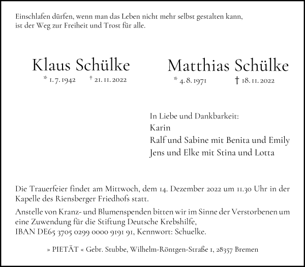 Traueranzeige von Matthias und Klaus Schülke
