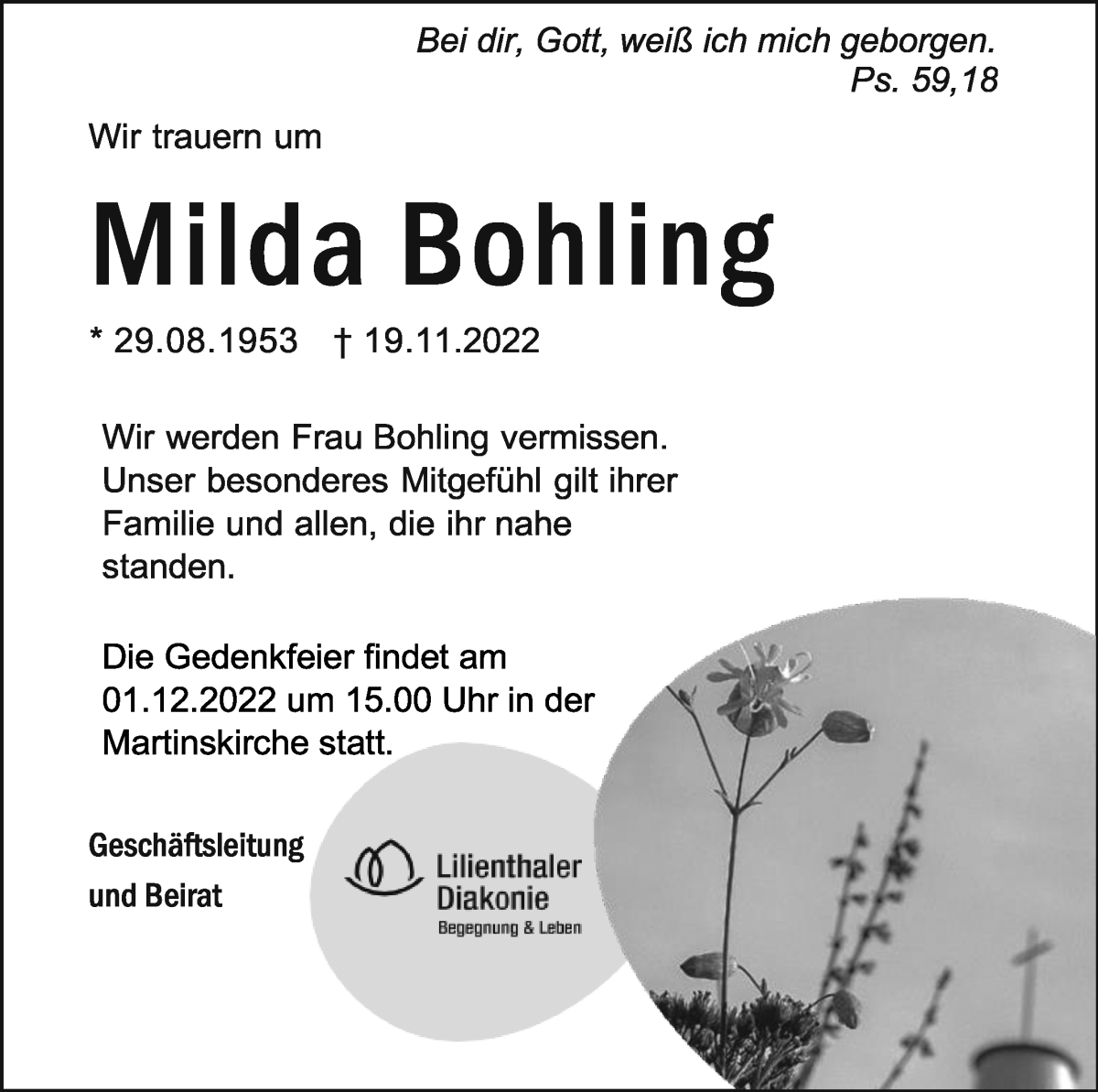 Traueranzeige von Milda Bohling von Wuemme Zeitung