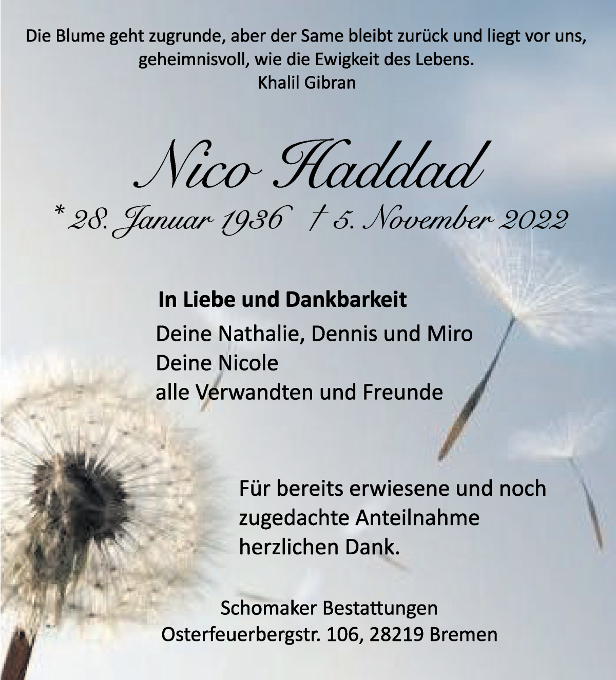  Traueranzeige für Nico Haddad vom 19.11.2022 aus WESER-KURIER