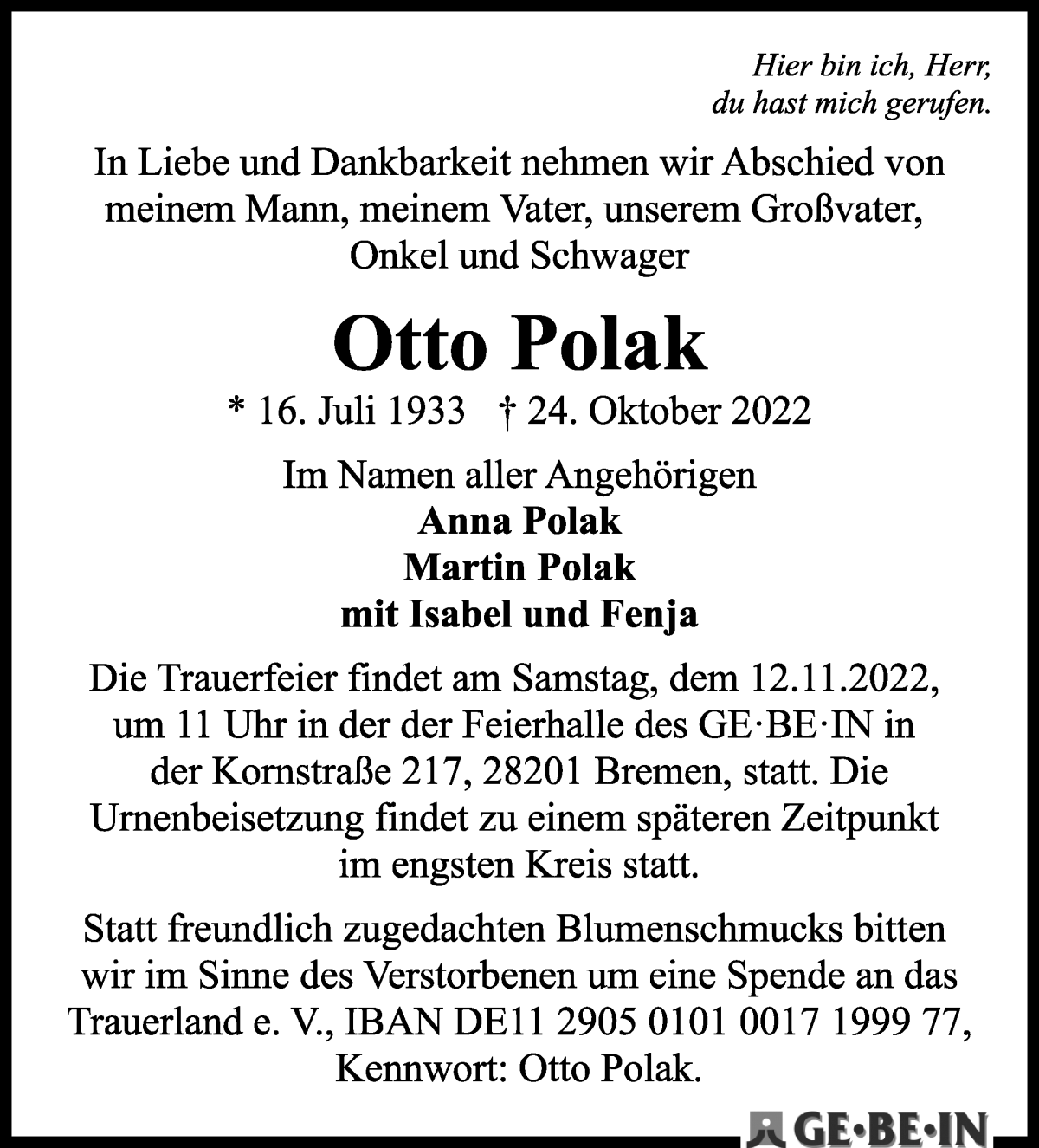  Traueranzeige für Otto Polak vom 05.11.2022 aus WESER-KURIER