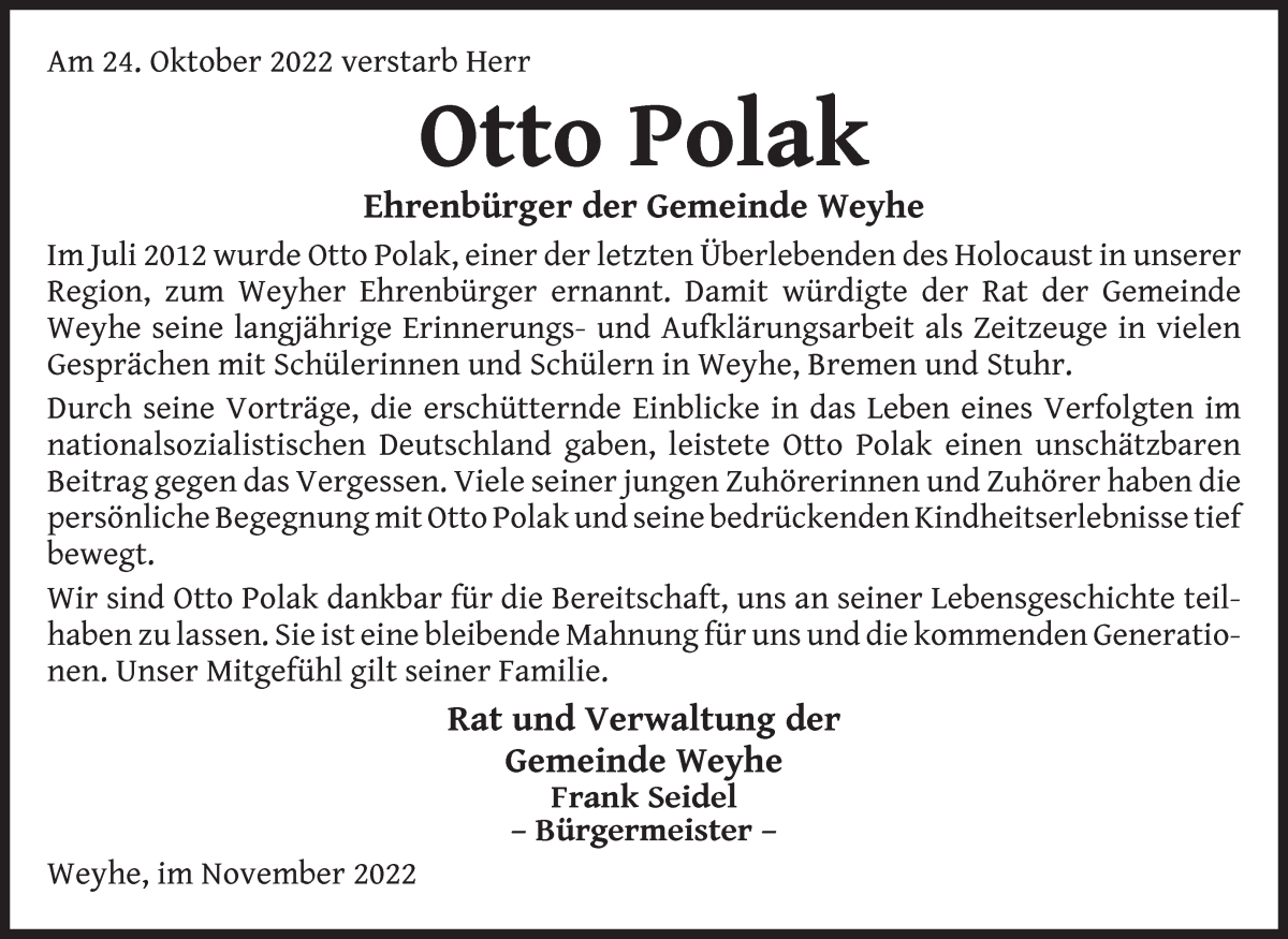  Traueranzeige für Otto Polak vom 05.11.2022 aus Regionale Rundschau/Syker Kurier
