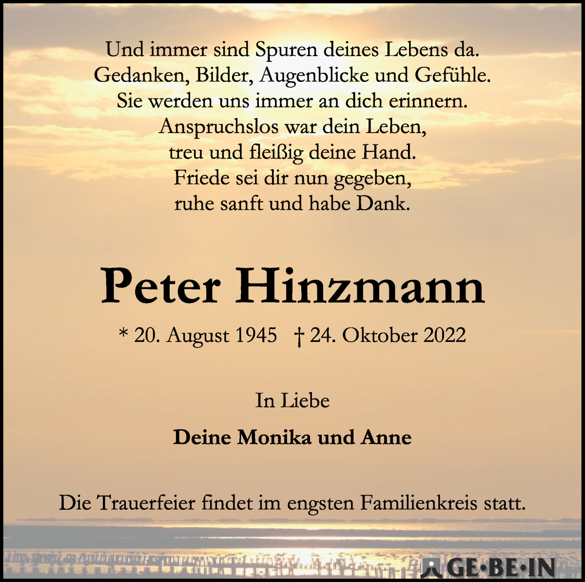 Traueranzeige von Peter Hinzmann von WESER-KURIER