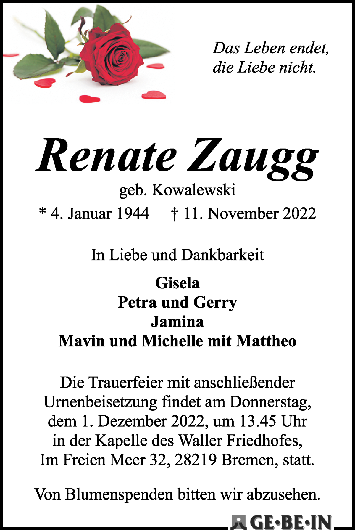  Traueranzeige für Renate Zaugg vom 19.11.2022 aus WESER-KURIER