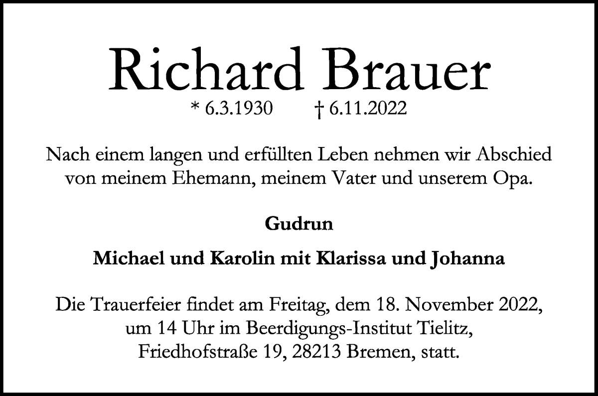  Traueranzeige für Richard Brauer vom 12.11.2022 aus WESER-KURIER