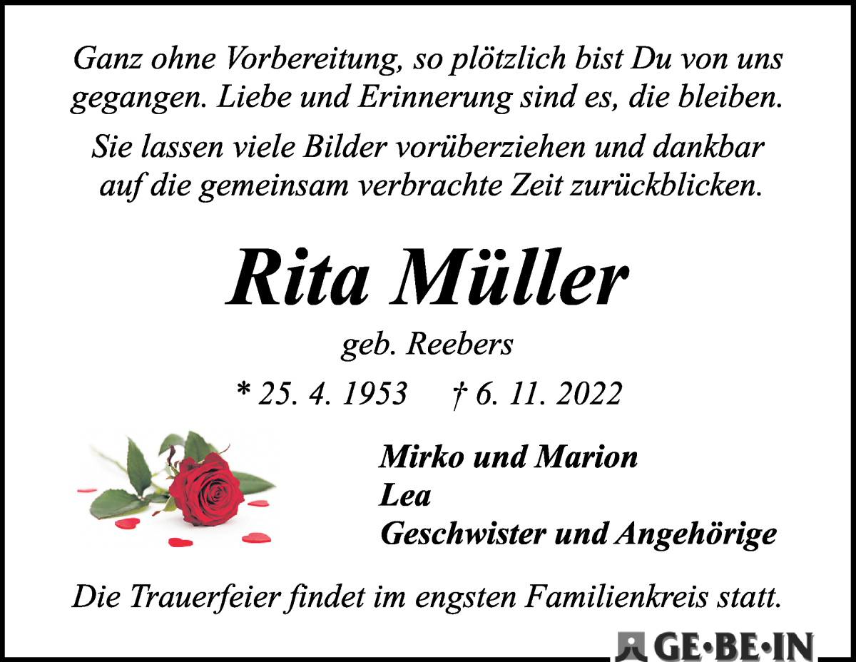  Traueranzeige für Rita Müller vom 19.11.2022 aus WESER-KURIER