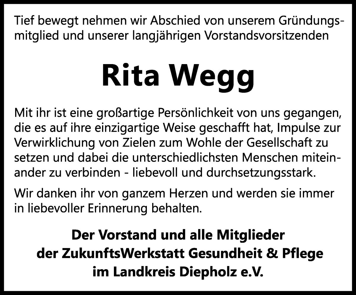  Traueranzeige für Rita Wegg vom 24.11.2022 aus Regionale Rundschau/Syker Kurier
