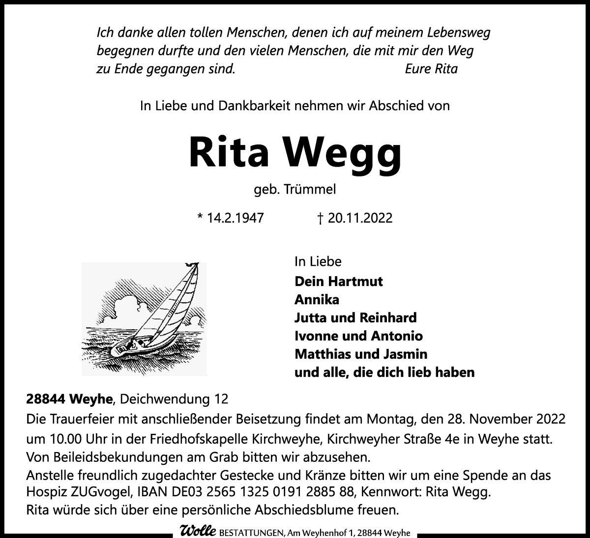  Traueranzeige für Rita Wegg vom 24.11.2022 aus Regionale Rundschau/Syker Kurier