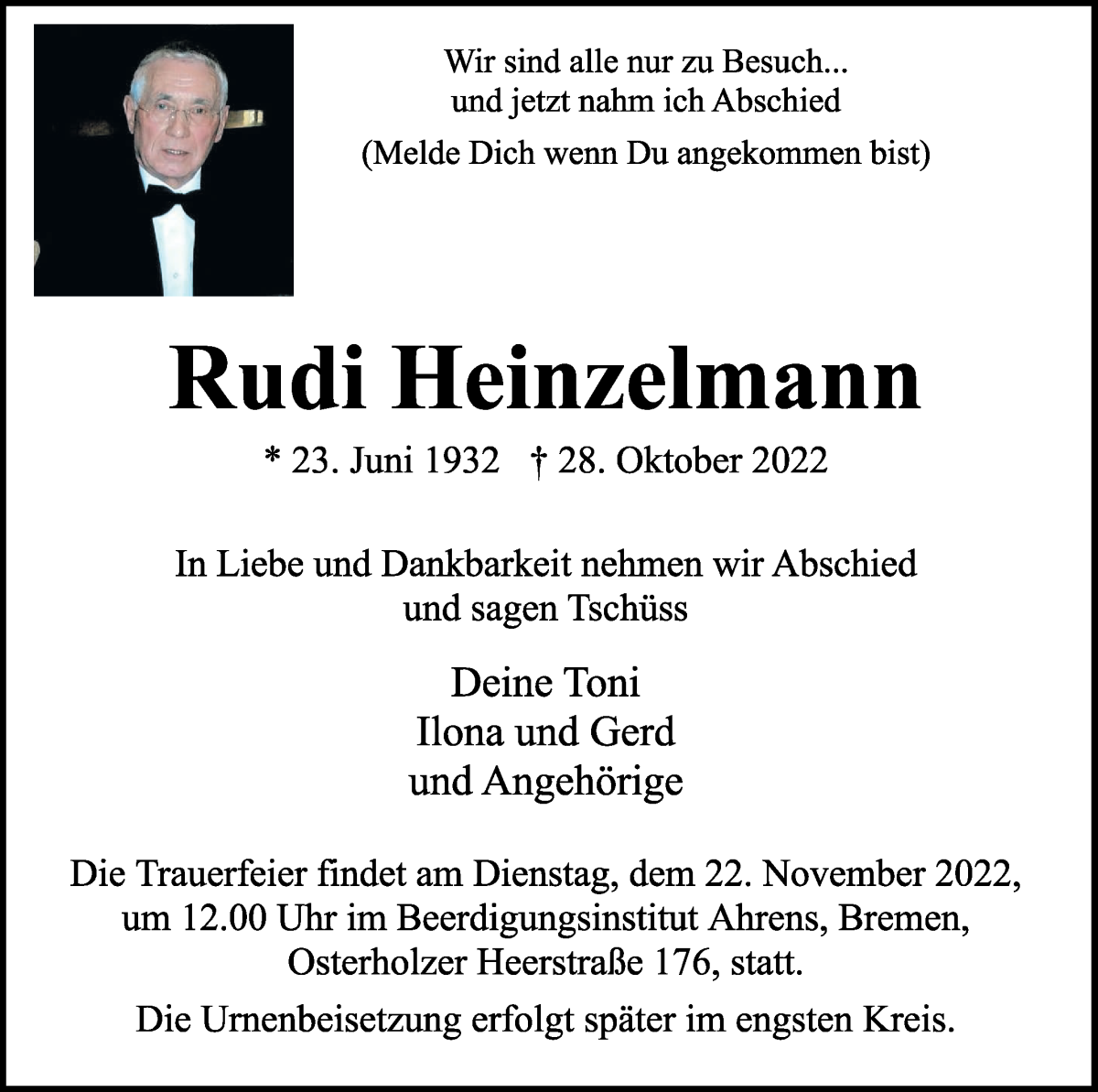  Traueranzeige für Rudi Heinzelmann vom 11.11.2022 aus WESER-KURIER