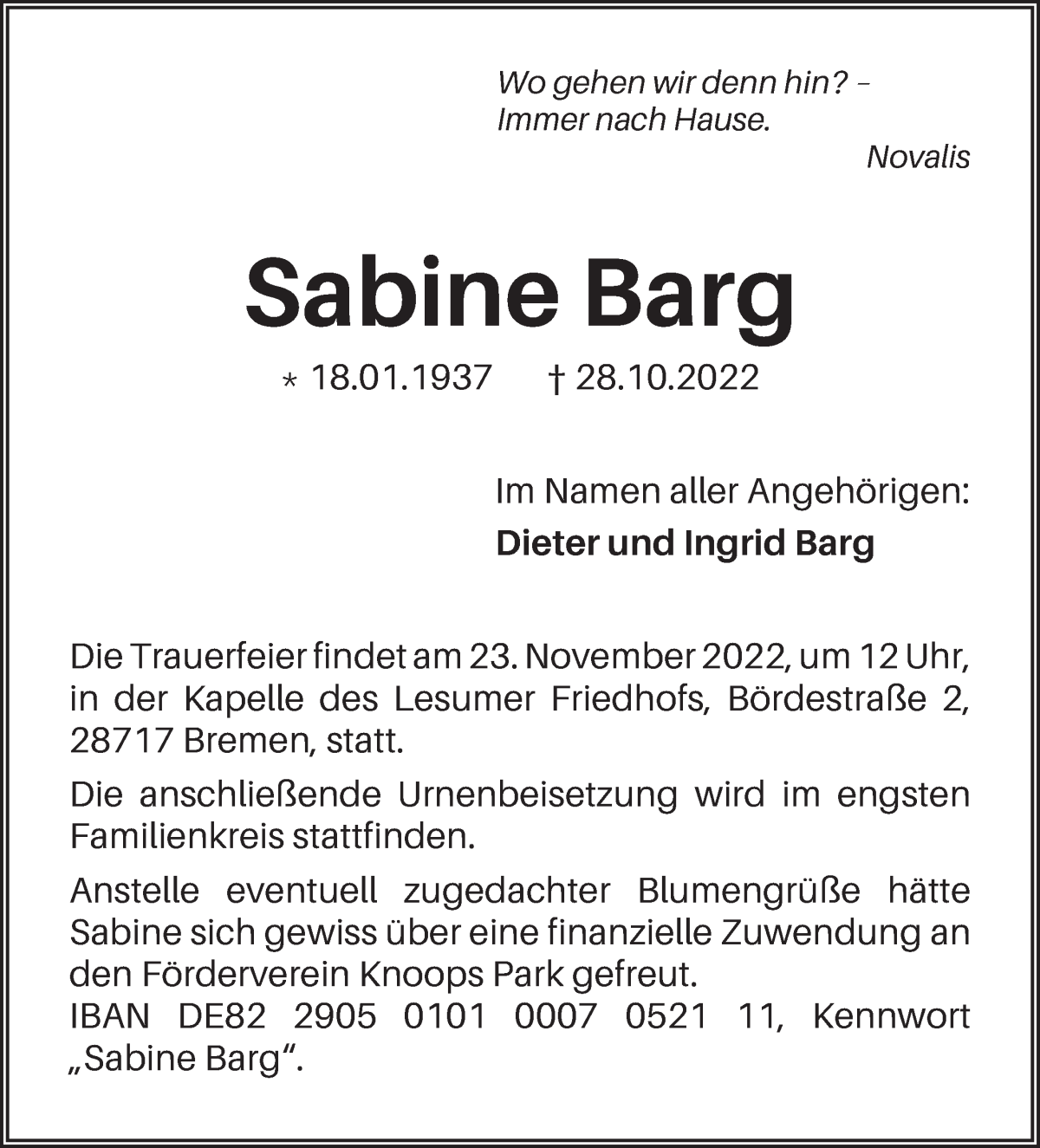  Traueranzeige für Sabine Barg vom 12.11.2022 aus Die Norddeutsche