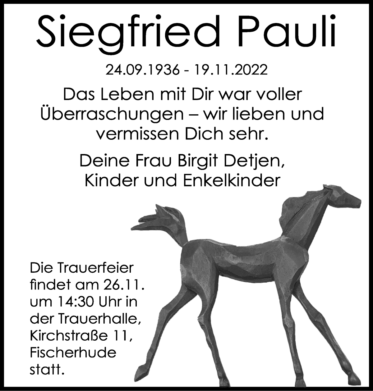 Traueranzeige für Siegfried Pauli vom 23.11.2022 aus WESER-KURIER