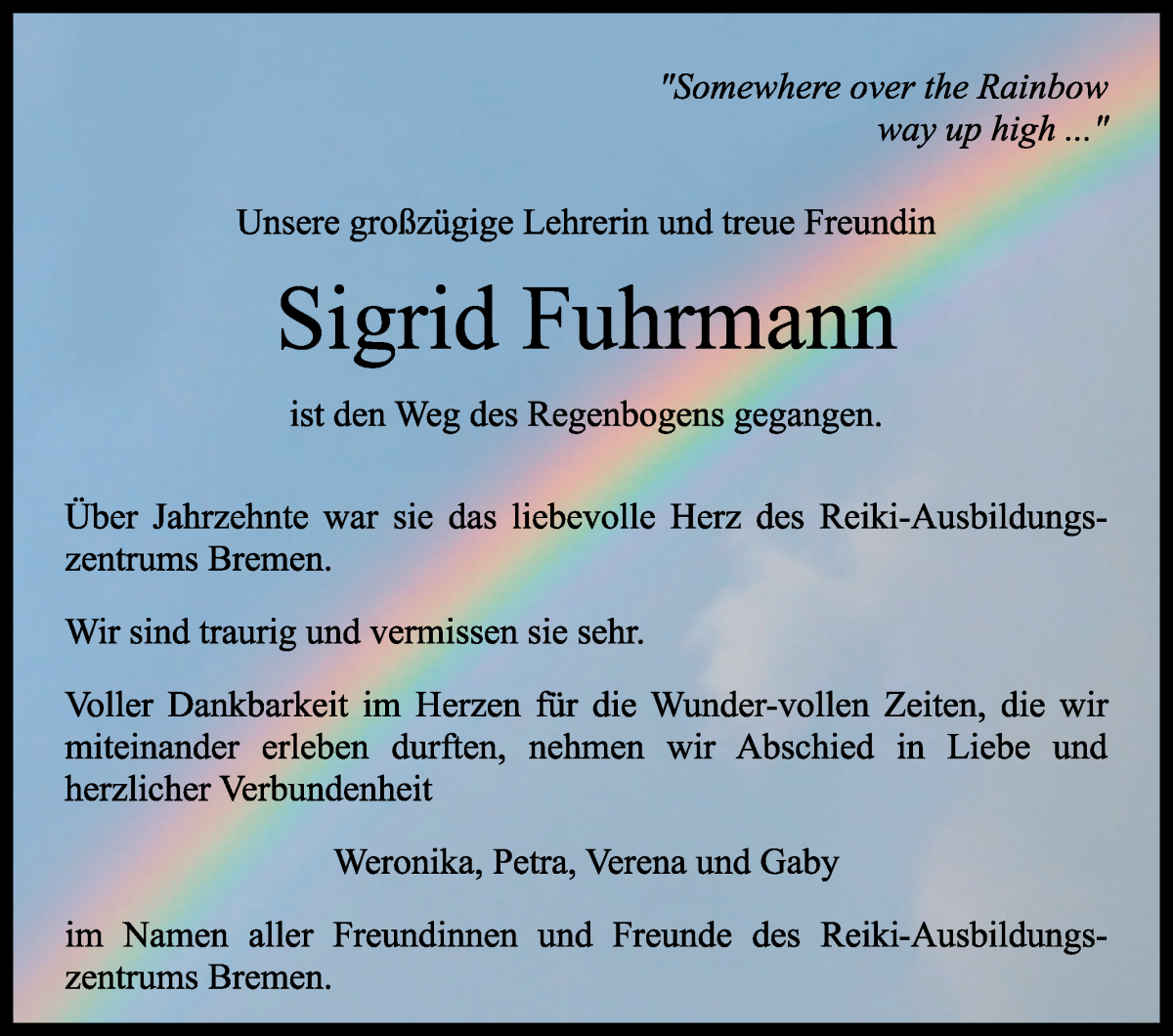  Traueranzeige für Sigrid Fuhrmann vom 05.11.2022 aus WESER-KURIER