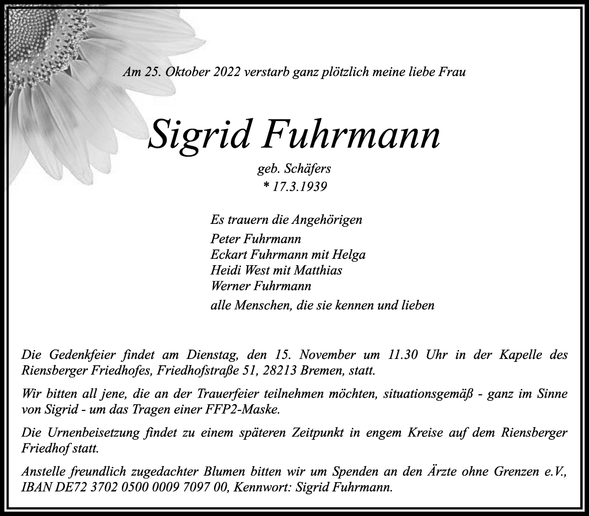  Traueranzeige für Sigrid Fuhrmann vom 05.11.2022 aus WESER-KURIER