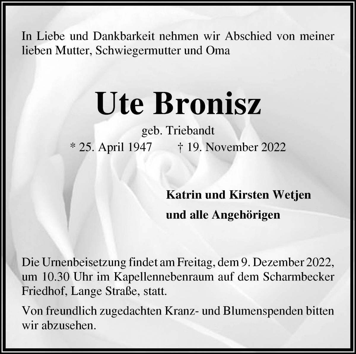 Traueranzeige von Ute Bronisz von Osterholzer Kreisblatt
