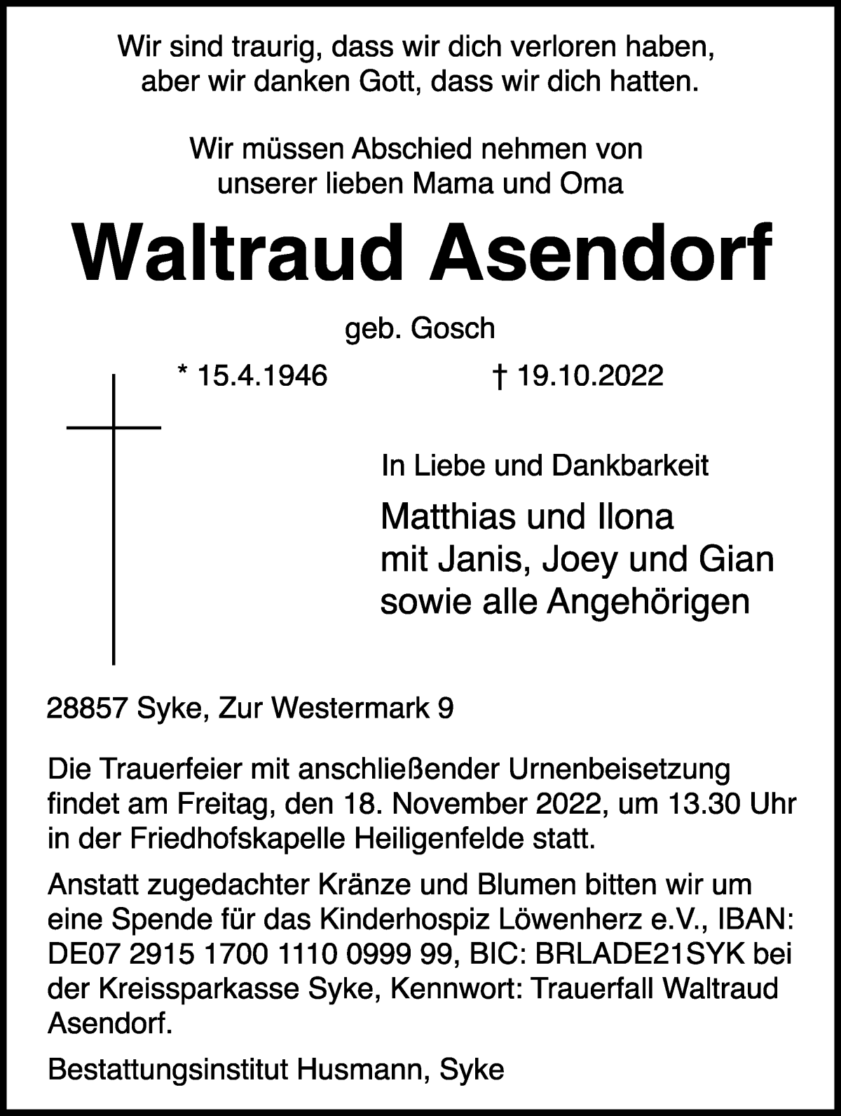  Traueranzeige für Waltraud Asendorf vom 05.11.2022 aus WESER-KURIER