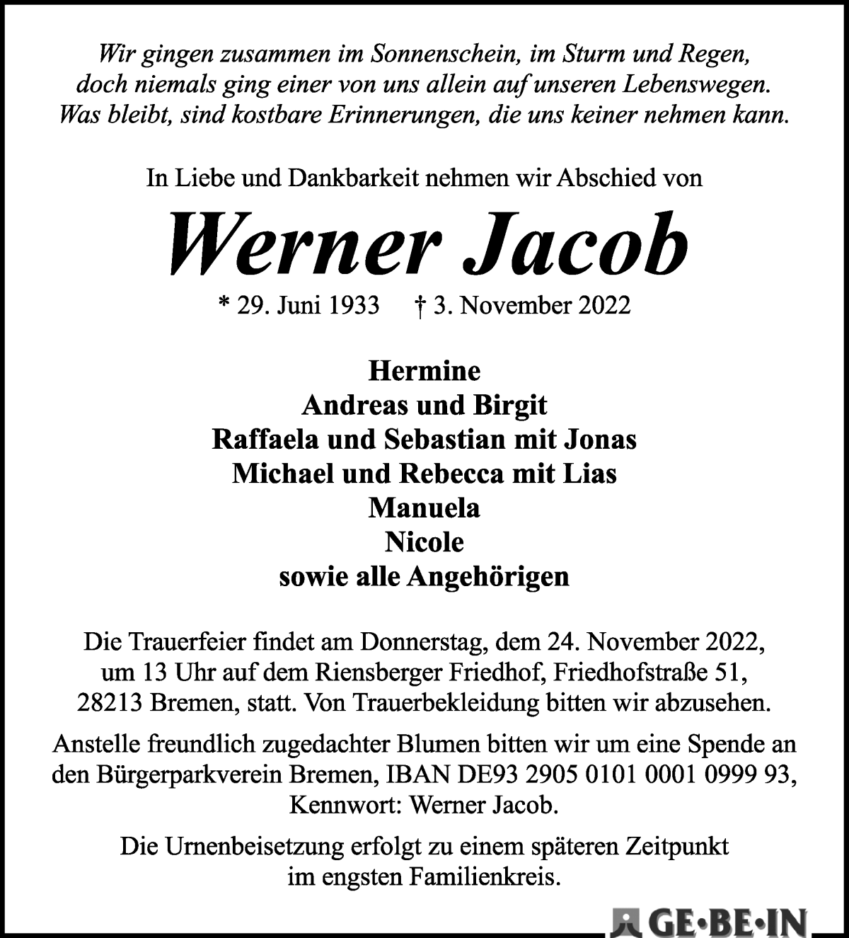  Traueranzeige für Werner Jacob vom 12.11.2022 aus WESER-KURIER