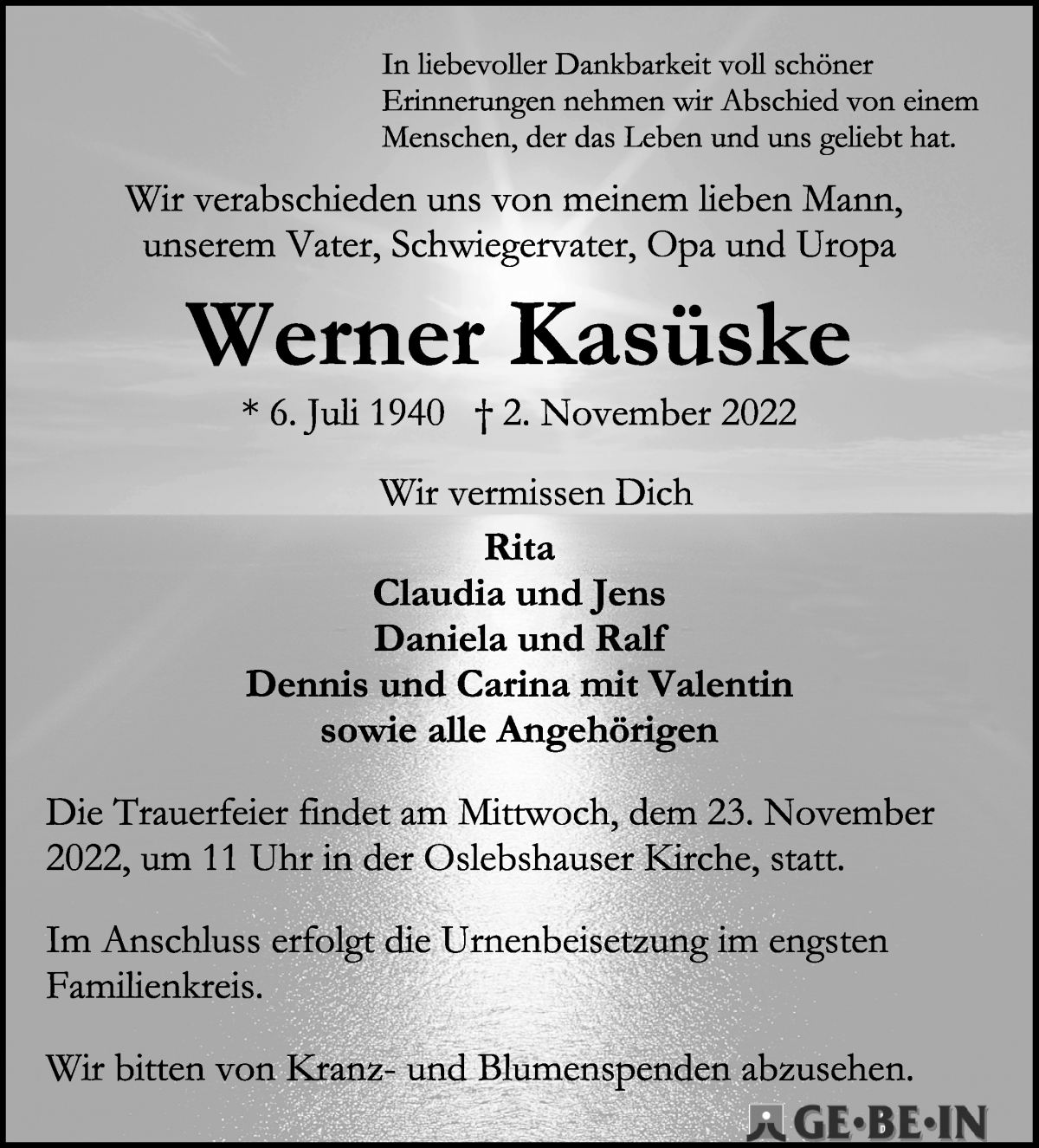 Traueranzeige von Werner Kasüske von WESER-KURIER