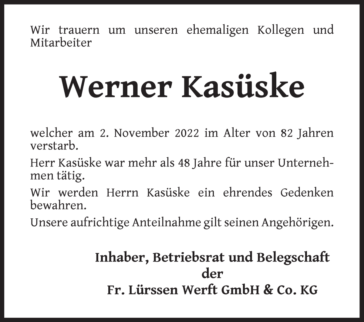 Traueranzeige von Werner Kasüske von Die Norddeutsche