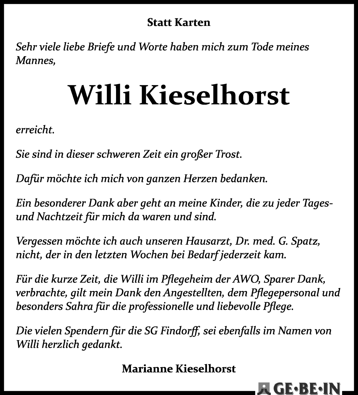 Traueranzeige von Willi Kieselhorst von WESER-KURIER
