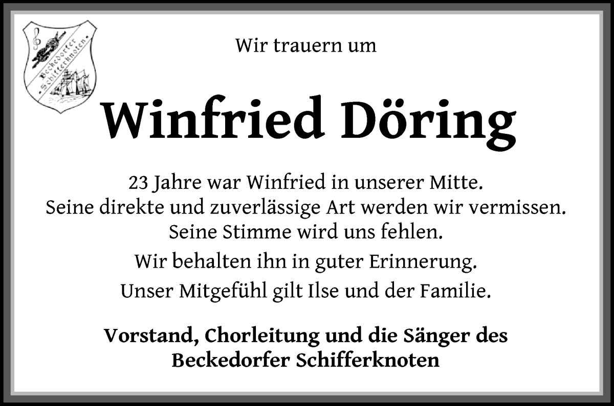  Traueranzeige für Winfried Döring vom 23.11.2022 aus Osterholzer Kreisblatt