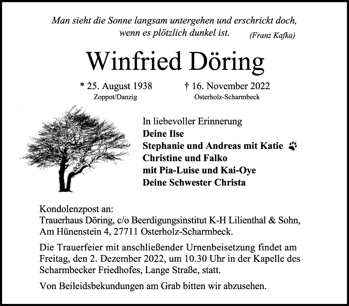  Traueranzeige für Winfried Döring vom 19.11.2022 aus Osterholzer Kreisblatt