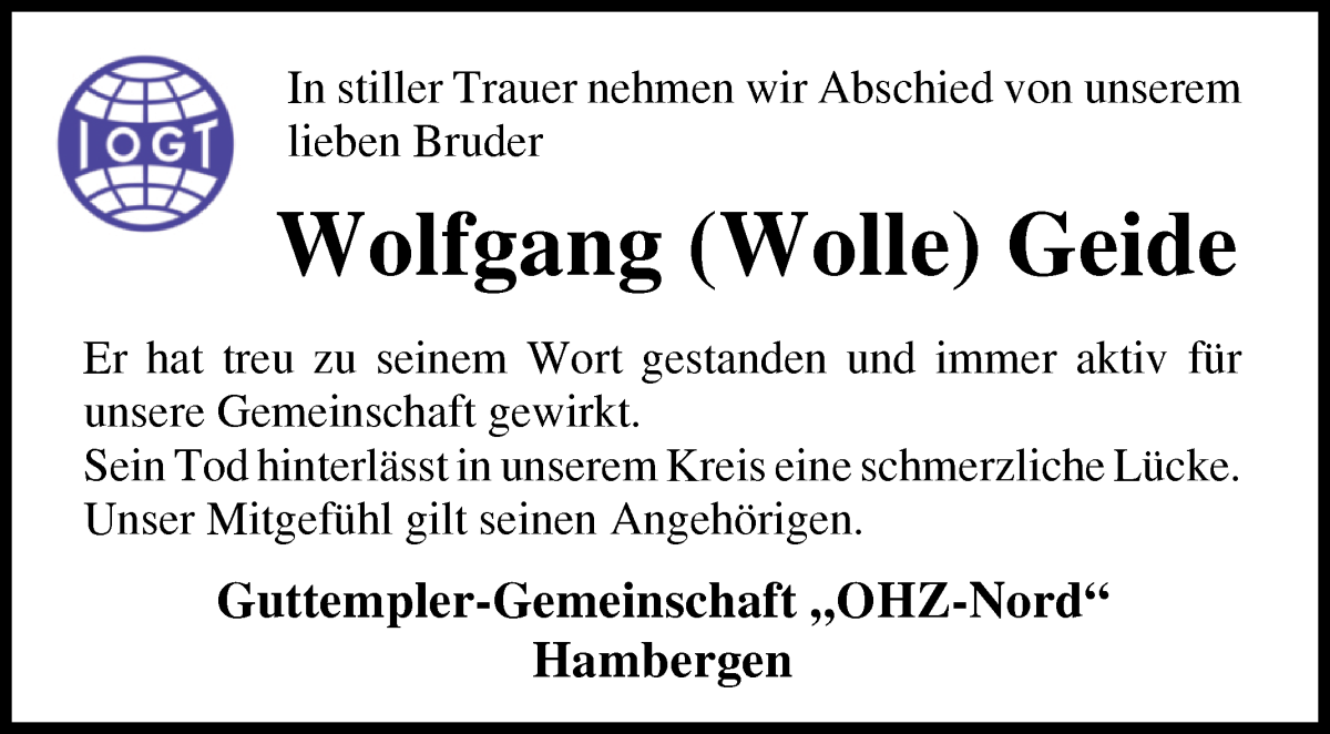  Traueranzeige für Wolfgang (Wolle) Geide vom 03.11.2022 aus Osterholzer Kreisblatt