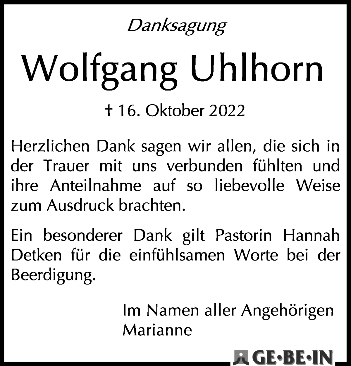  Traueranzeige für Wolfgang Uhlhorn vom 19.11.2022 aus WESER-KURIER