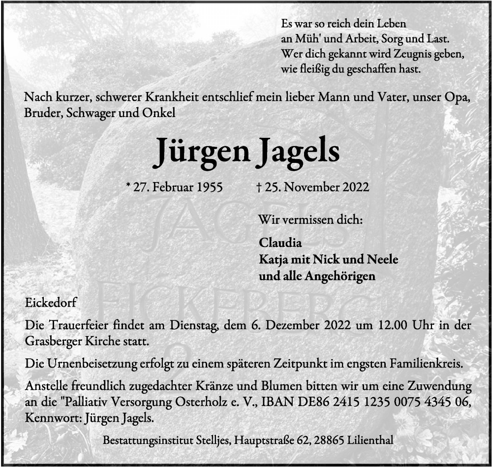  Traueranzeige für Jürgen Jagels vom 30.11.2022 aus Wümme Zeitung