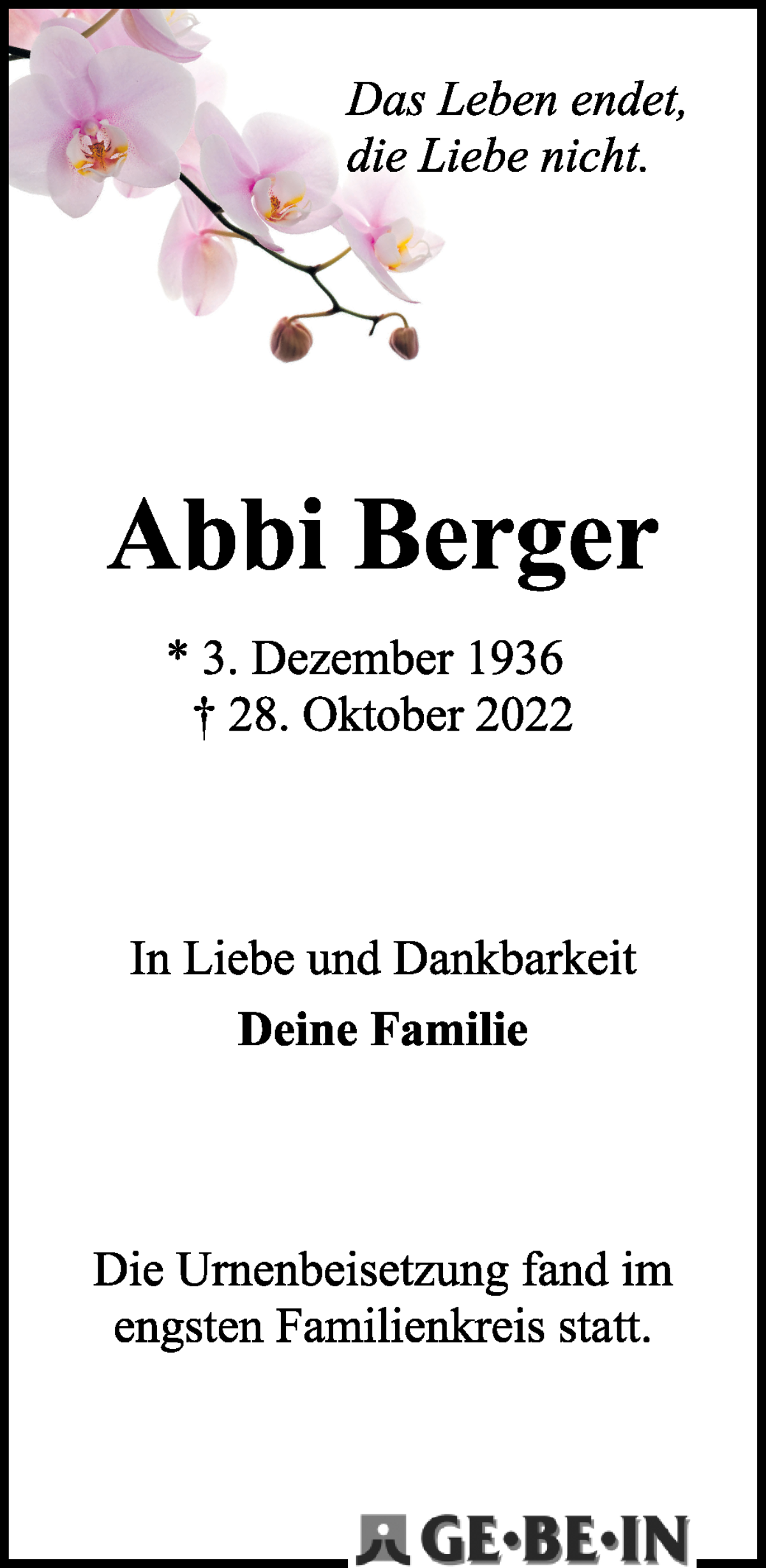 Traueranzeige von Abbi Berger von WESER-KURIER