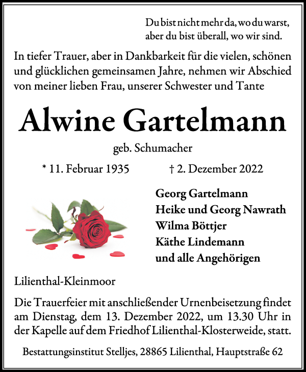 Traueranzeige von Alwine Gartelmann von Wuemme Zeitung